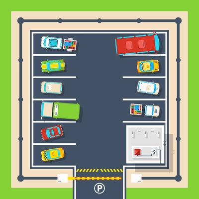 Poster of closed parking area with barrier administration building and different vehicles top view flat vector illustration