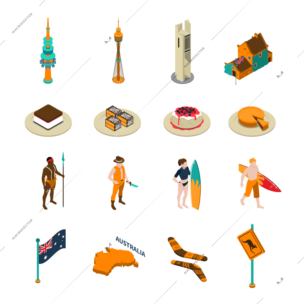 Australian tourists attractions and national symbols isometric icons collection with desserts boomerang and surfers isolated vector illustration