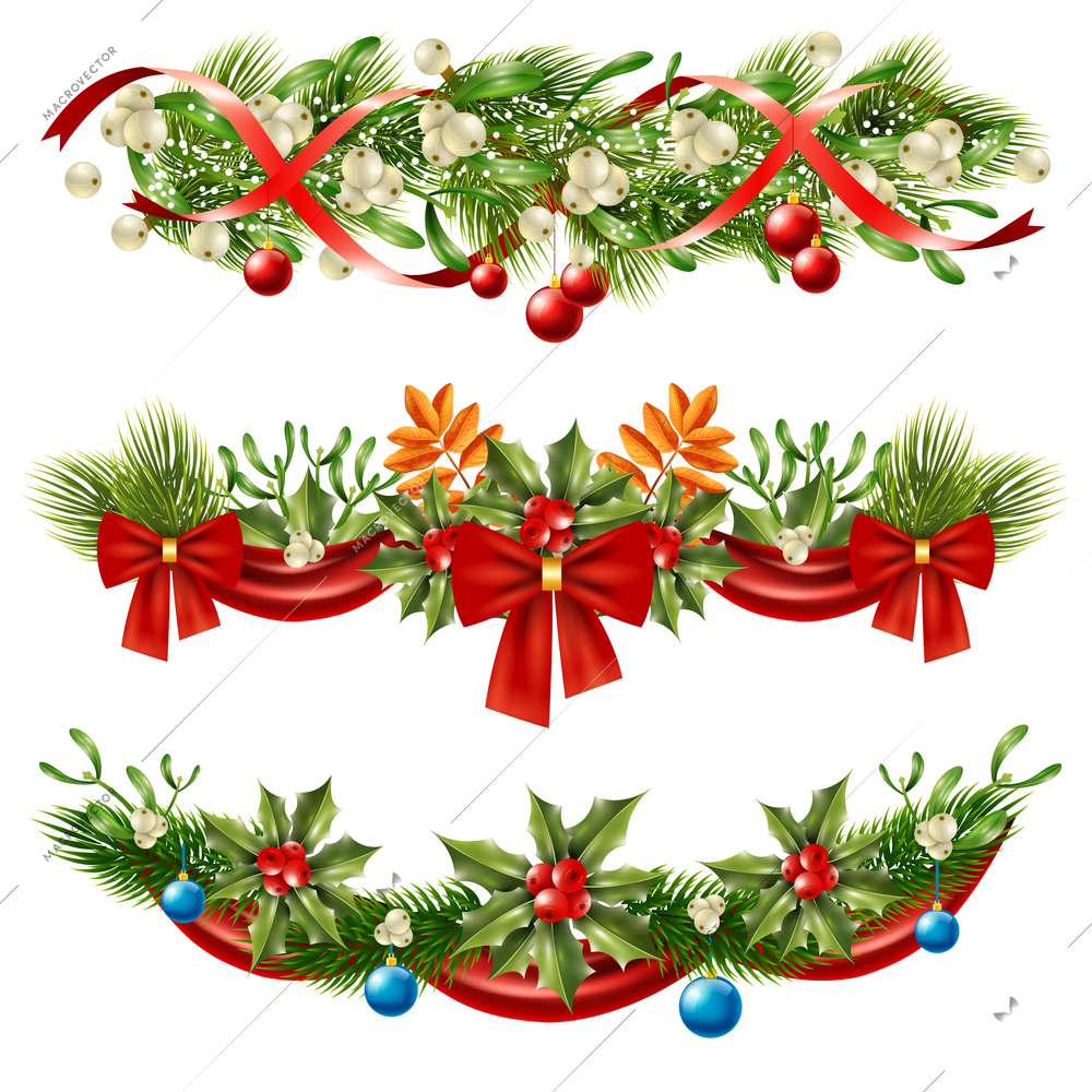 Christmas flat set of beautiful wall decorations with berries branches and ribbons isolated on white background vector illustration