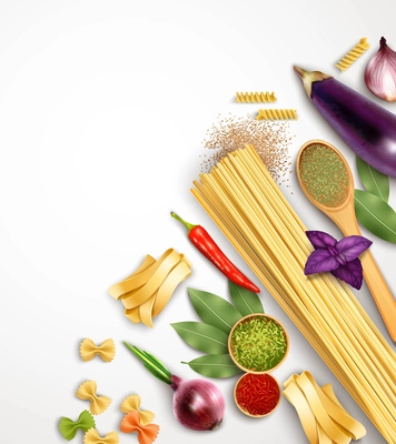Realistic pasta template with ingredients and products for its cooking isolated vector illustration