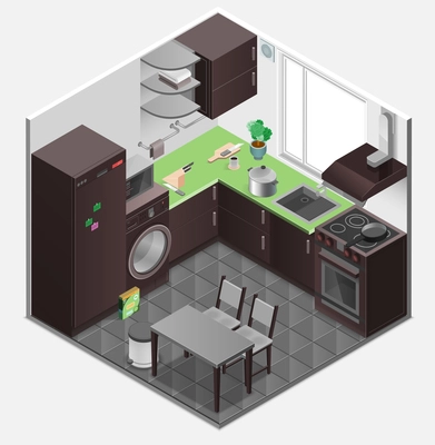 Kitchen interior isometric composition in brown and gray colors  with various elements isolated vector illustration
