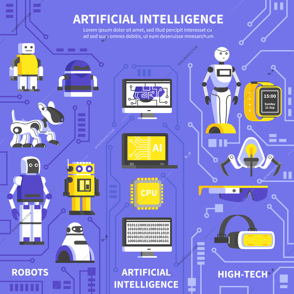 Artificial intelligence infographics layout with information about robots and products of high tech technology and innovations flat vector illustration