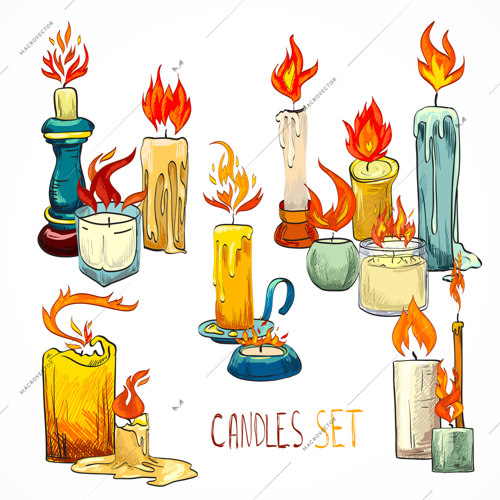 Vintage retro wax flame church birthday holiday candles set vector illustration