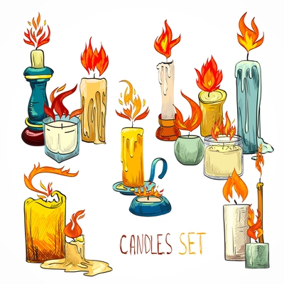 Vintage retro wax flame church birthday holiday candles set vector illustration