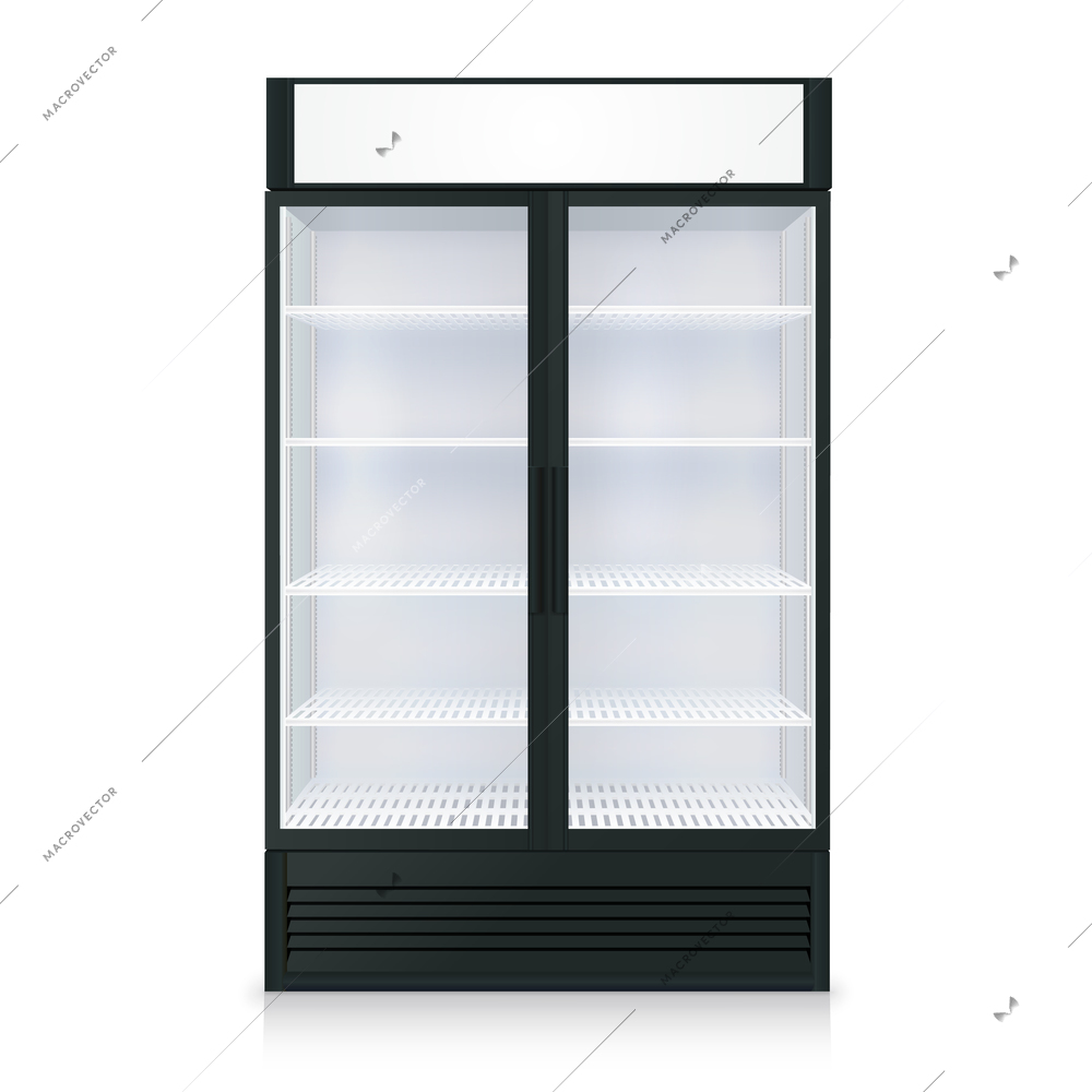 Realistic freezer template with transparent door and glass on white background isolated vector illustration