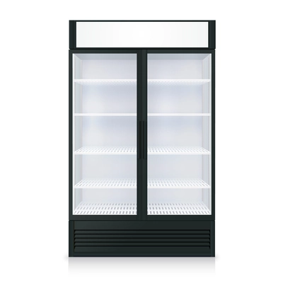 Realistic freezer template with transparent door and glass on white background isolated vector illustration