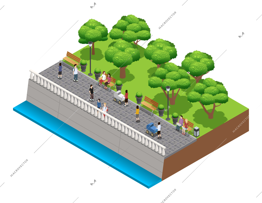 Isometric landscaping composition with people walking on stone embarkment in summer vector illustration