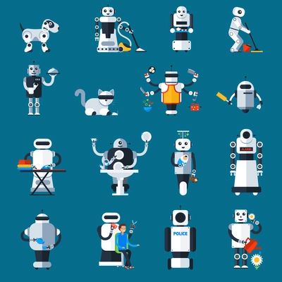 Home robots collection helping and replacing people in different activities in flat style isolated vector illustration