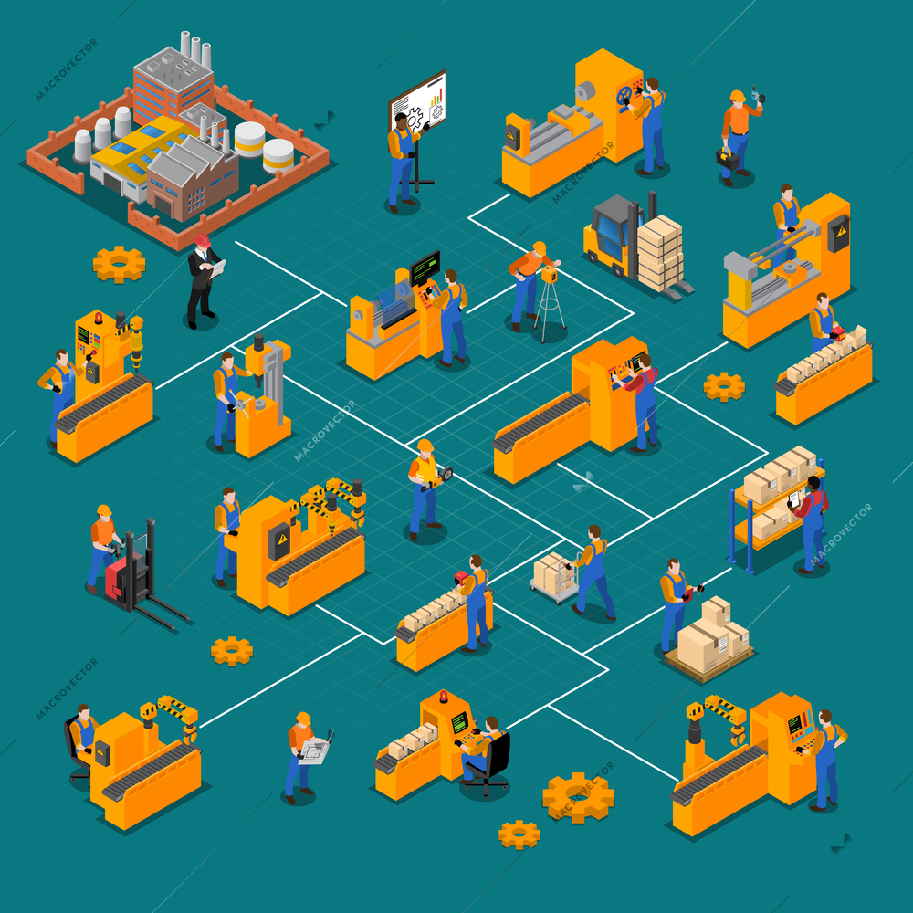 Factory workers isometric composition with production symbols isolated vector illustration