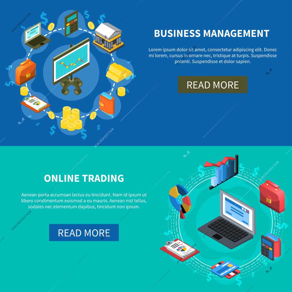 Business management and online trading isometric icons banners with read more button diagrams money computer symbols vector illustration