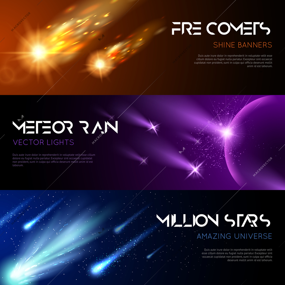 Space horizontal banners with shiny light effects falling meteors comets stars vector illustration