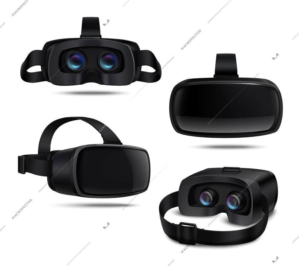 Realistic black vr headsets viewed from different sides isolated on white background vector illustration