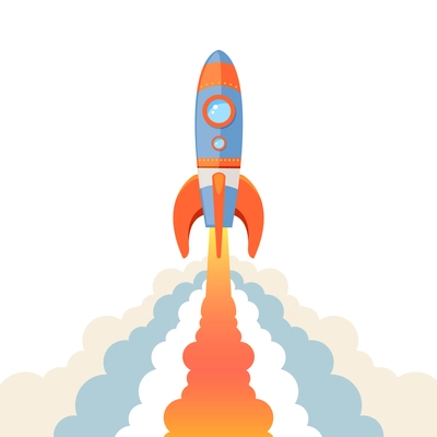 Space rocket ship start cartoon emblem isolated on white background vector illustration