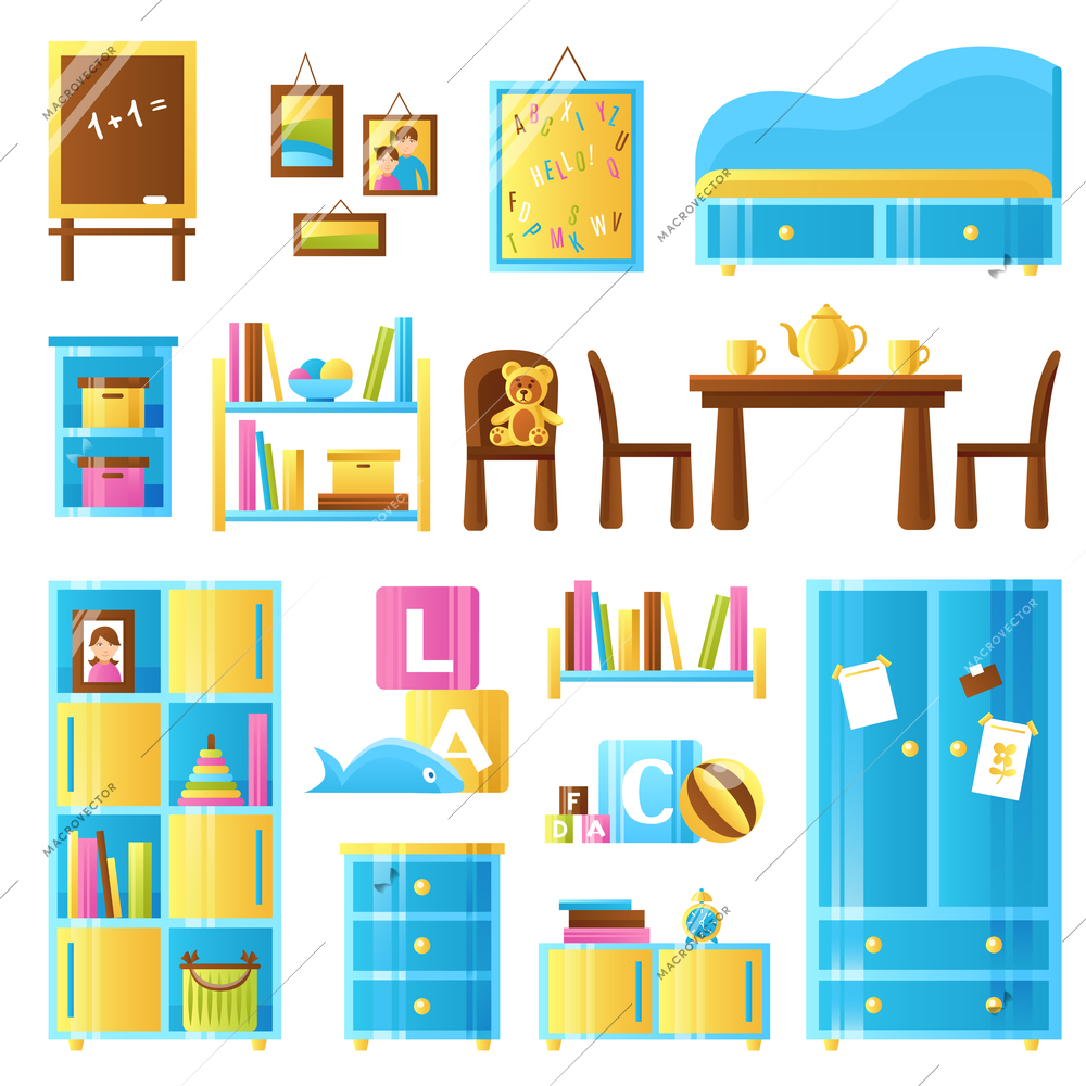 Baby room furniture colored icons set of toys chalkboard wardrobe commode shelves isolated vector illustration