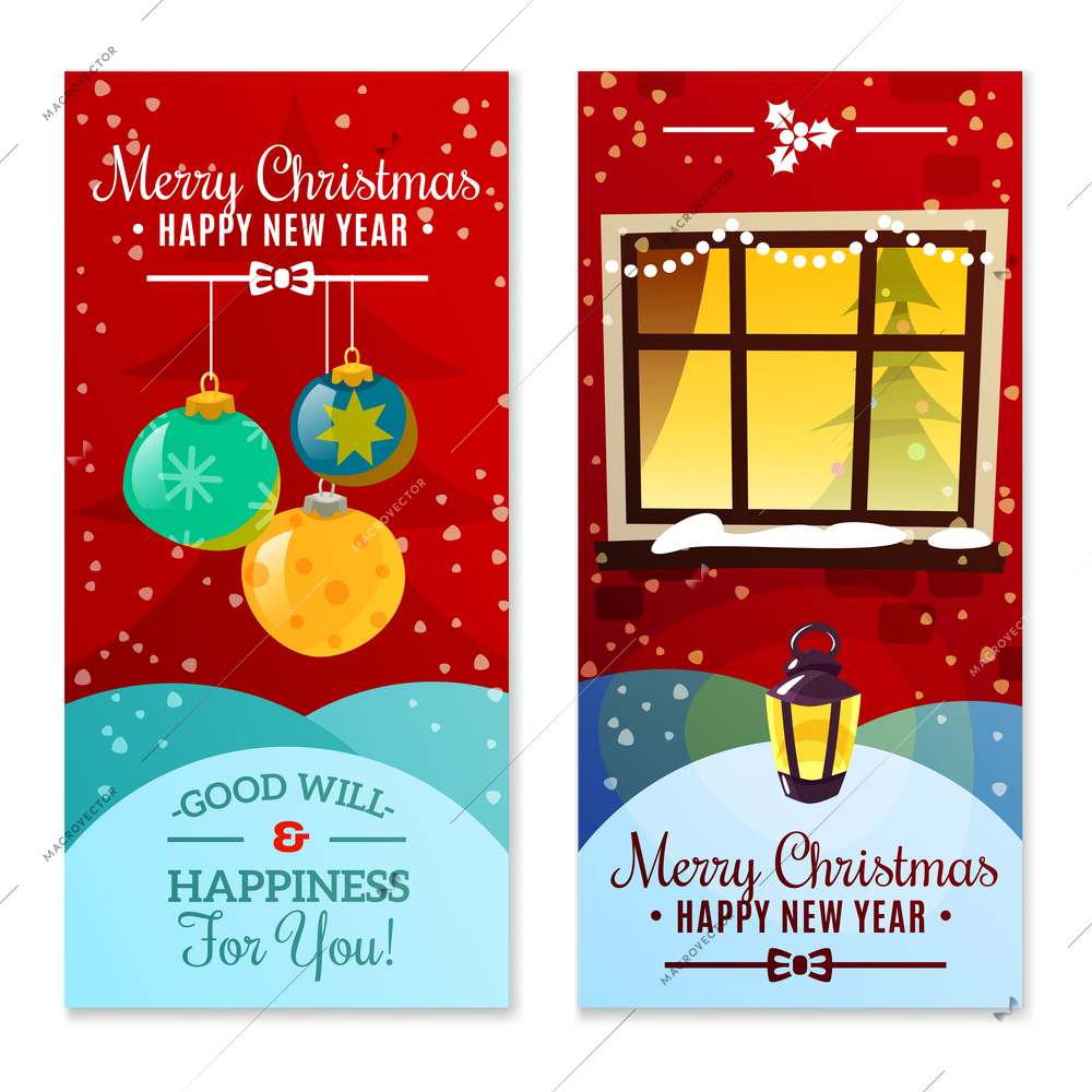 Christmas vertical banners with christmas decorations snowfall and happy new year invitation text flat vector illustration