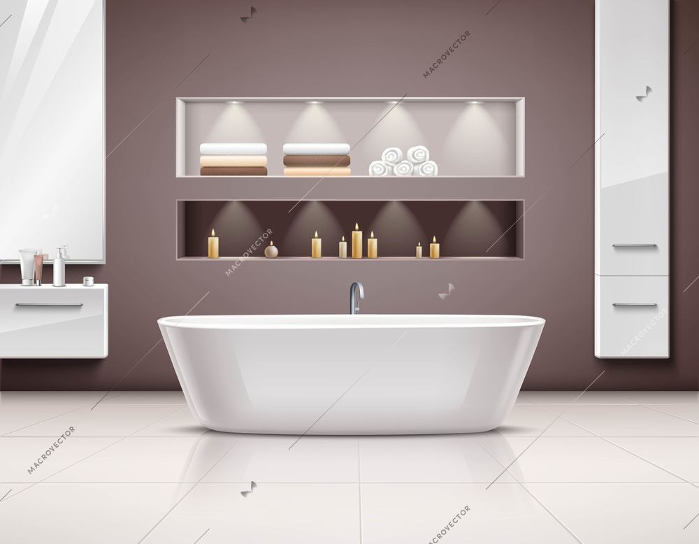 Luxurious bathroom interior realstic design with white bath and accessories vector illustration