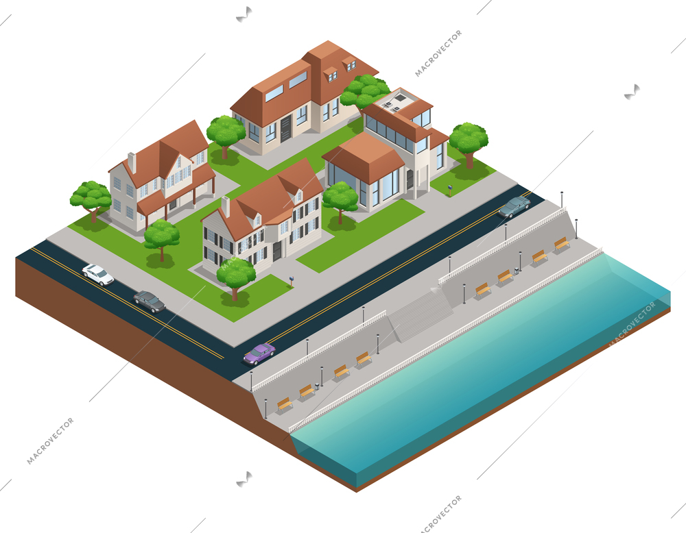 Isometric composition with suburban houses near embarkment on white background vector illustration