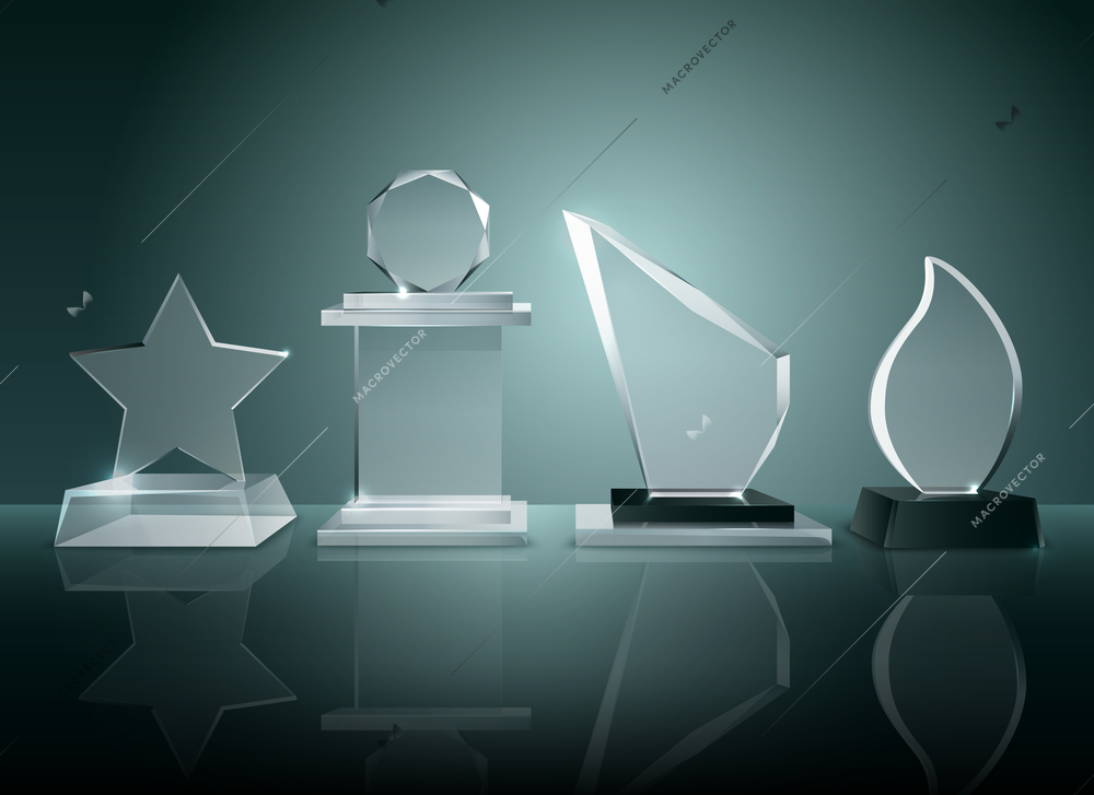 Sport competitions glass trophies prizes collection on transparent reflective surface realistic image with dark shadowy background vector illustration