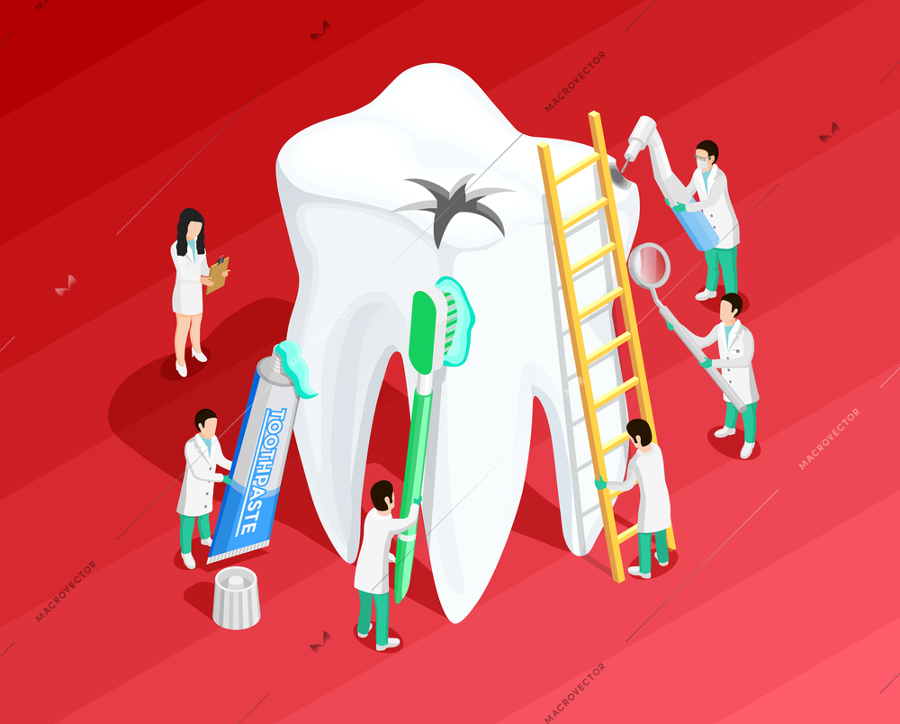 Medical dental isometric template with sick big tooth and dentists on red background vector illustration