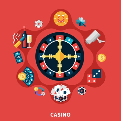 Casino roulette icons round composition with cards coins dice symbols flat vector illustration