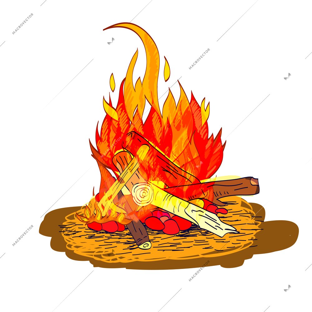 Camp fire flame burn with fireplace wood and stones sketch isolated emblem vector illustration