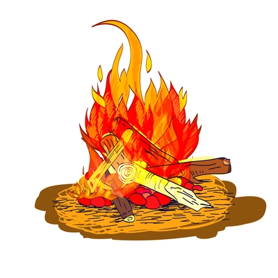 Camp fire flame burn with fireplace wood and stones sketch isolated emblem vector illustration