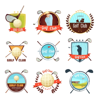 Popular golf clubs retro style labels collection with bag ball and player on course isolated vector illustration