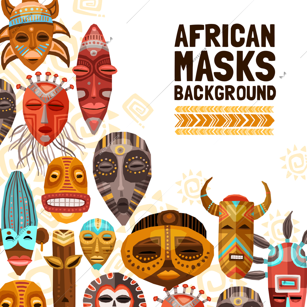 Flat background with colorful african ethnic tribal masks of different size and shape vector illustration