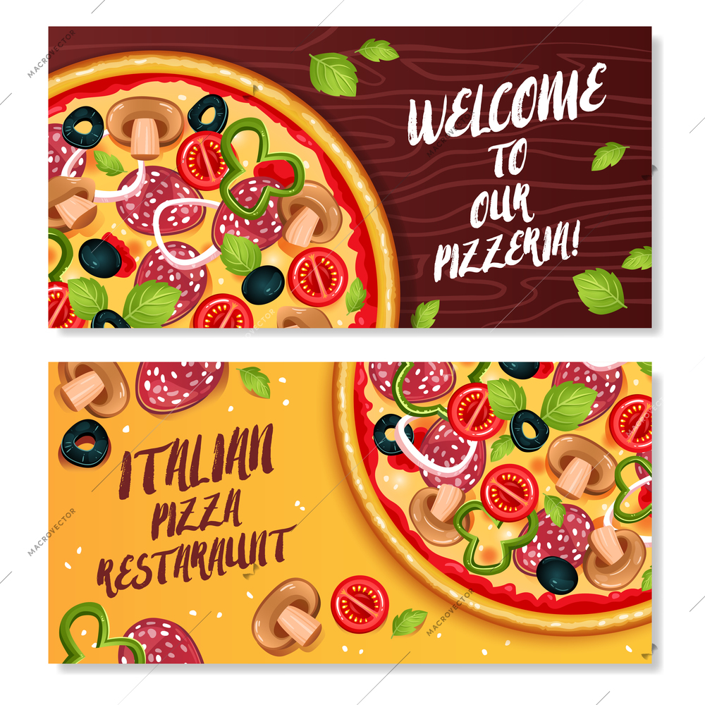 Italian pizza horizontal banners with advertising of restaurant and invitation to visit pizzeria flat vector illustration