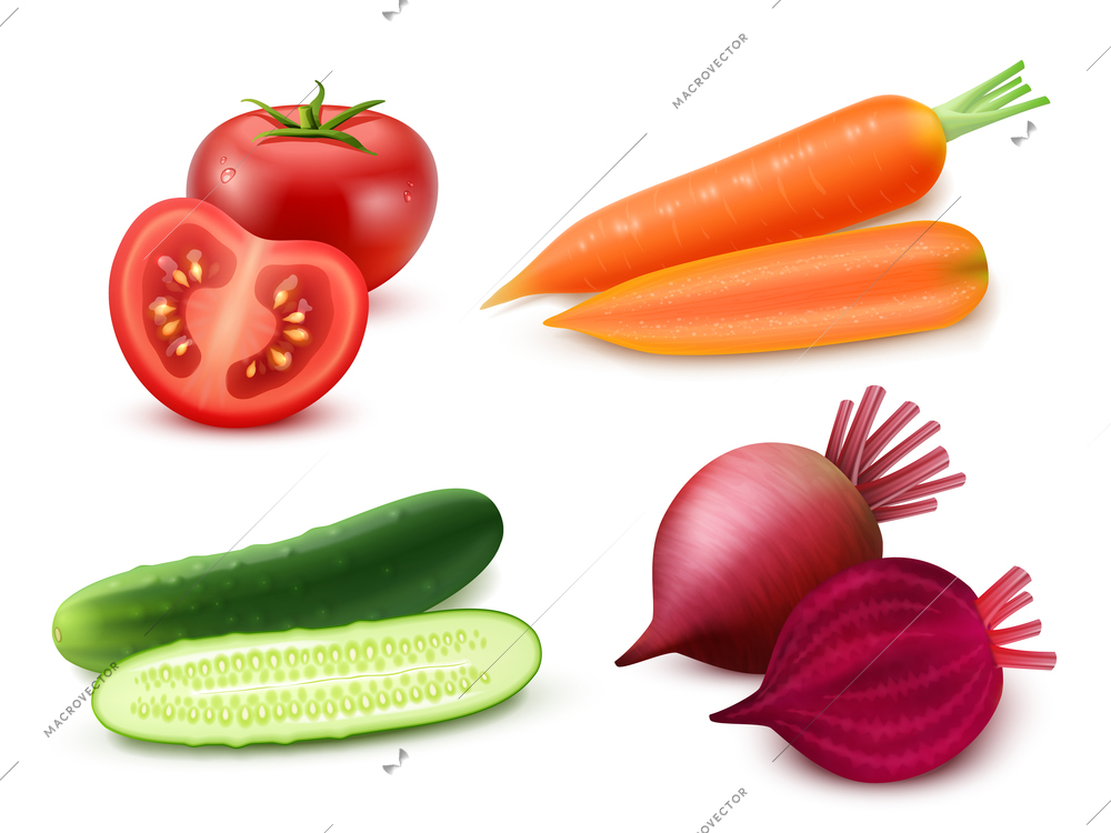 Realistic vegetables set with tomato carrot cucumber and beet on white background isolated vector illustration