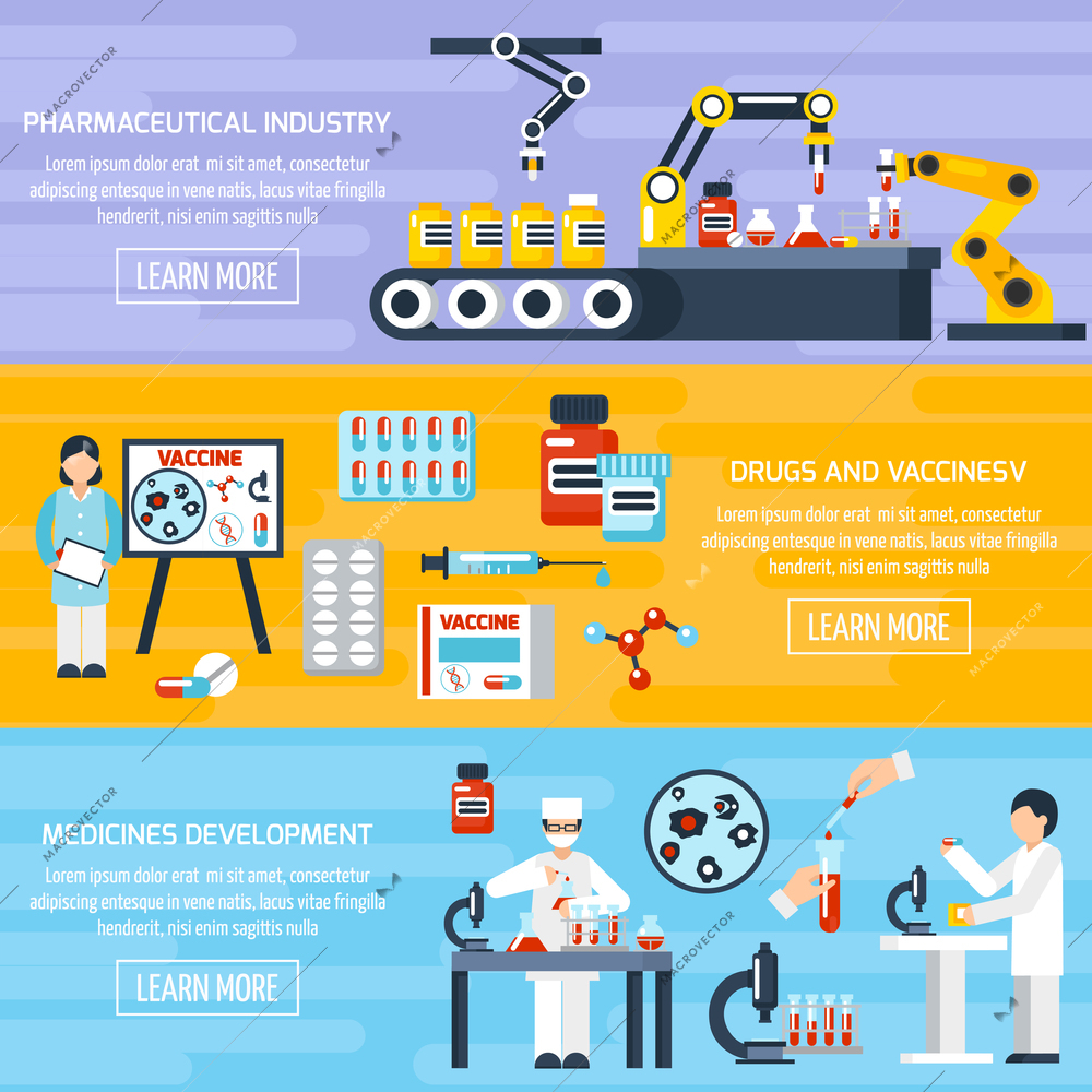 Pharmaceutical production horizontal banners set with drugs and vaccines symbols flat isolated vector illustration