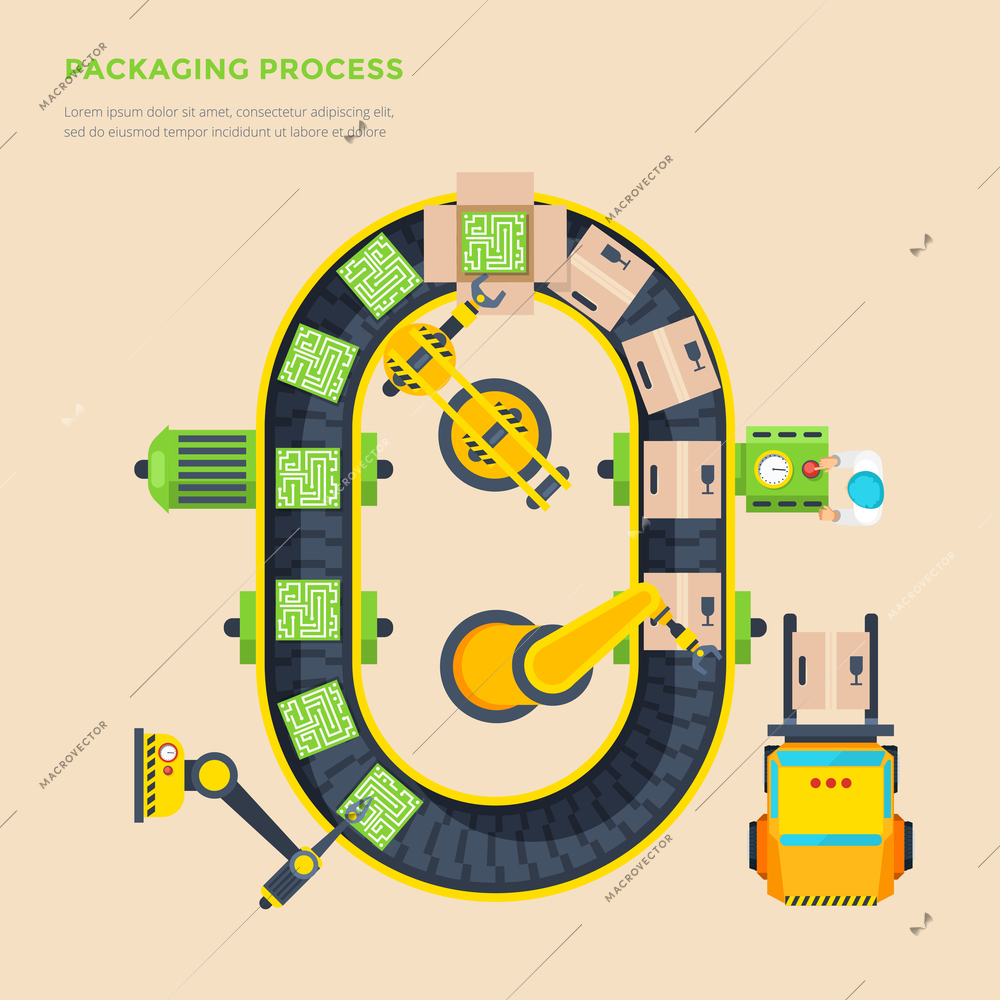 Packaging line top view poster with automatic conveyor and micro scheme boxing process flat vector illustration