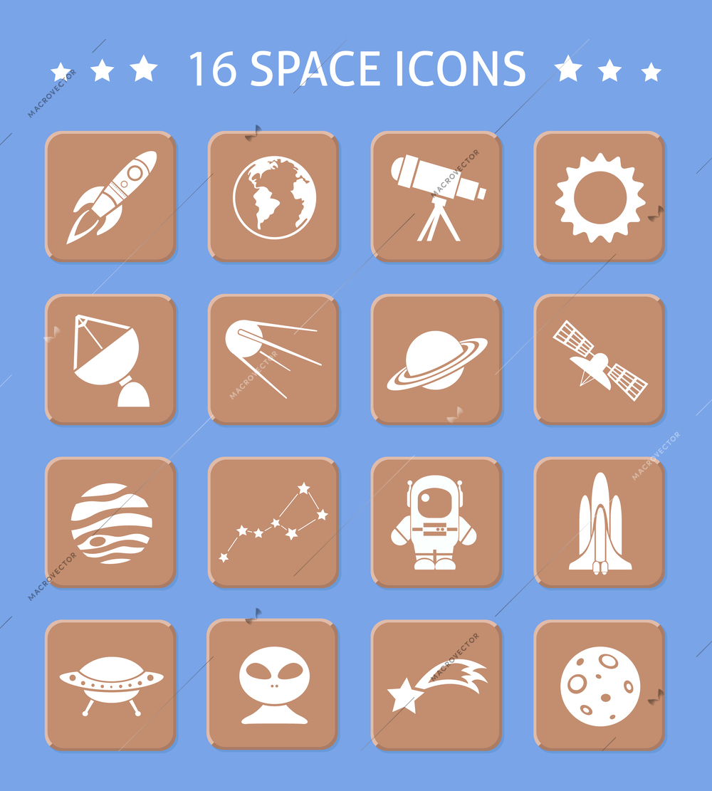 Space and astronomy button icons set of telescope sun radar planets isolated vector illustration