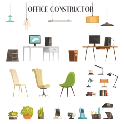 Interior accessories cartoon style icons set for your office space trendy successful renovation planing isolated vector illustration