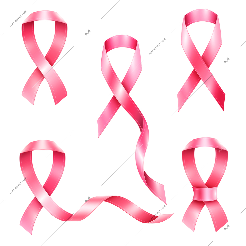 Realistic set of breast cancer pink ribbon symbols isolated on white background vector illustration