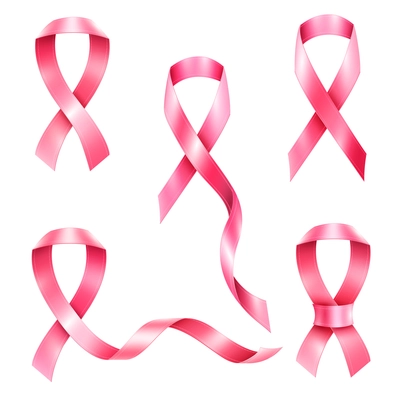 Realistic set of breast cancer pink ribbon symbols isolated on white background vector illustration
