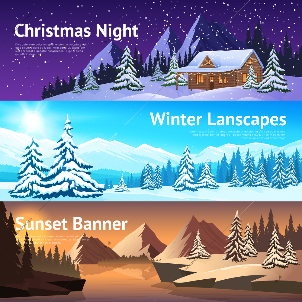 Winter landscape horisontal banners with house forest river and mountains in different daytimes vector illustration