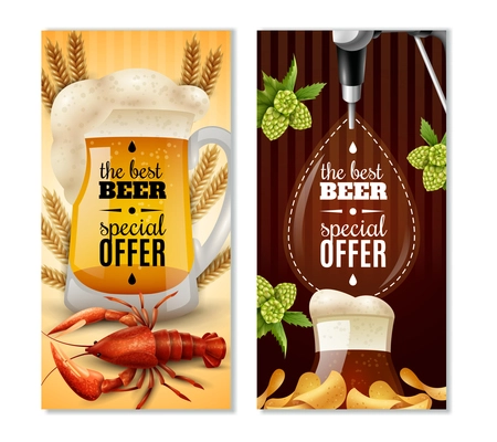 Dark and light draft beer special offer 2 colorful vertical banners with lobster and hop isolated vector illustration