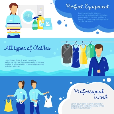 Laundry horizontal banners set with professional work symbols flat isolated vector illustration