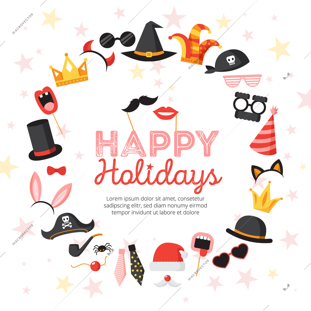 Photo booth props poster with happy holidays symbols flat vector illustration