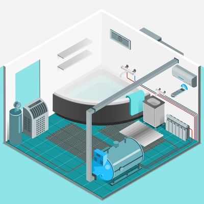 Heating cooling system interior isometric template with conditioner compressor battery bath in flat style isolated vector illustration