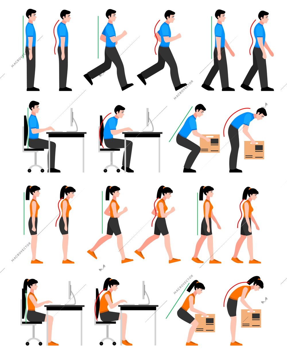 Colorful postures set with man and woman in correct and wrong positions for spine isolated vector illustration