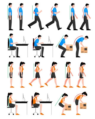 Colorful postures set with man and woman in correct and wrong positions for spine isolated vector illustration