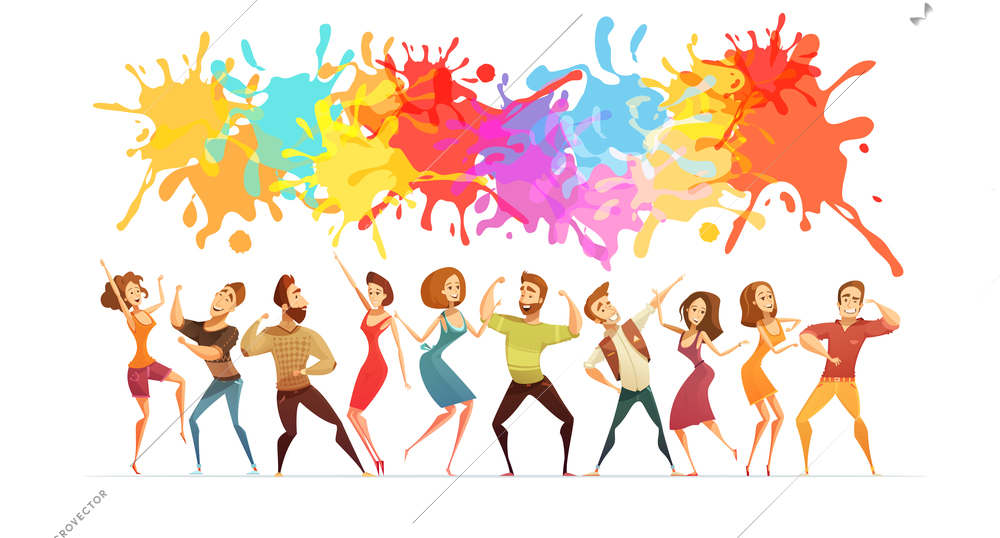 Festive poster with bright paint splashes and cartoon people figures in contemporary dance poses abstract vector illustration