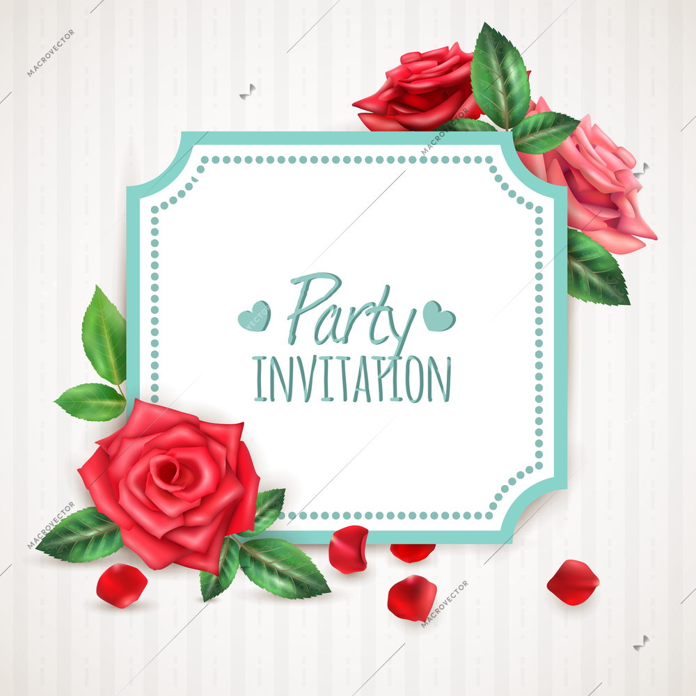 Realistic invitation background with blooming roses petals and buds vector illustration