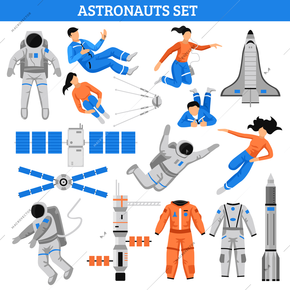 Colorful space set with astronauts satellite suits craft spaceship and rocket in flat style isolated vector illustration