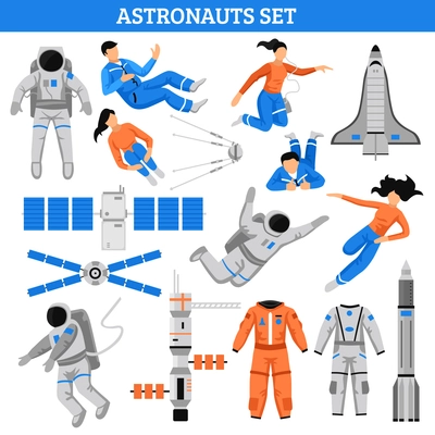 Colorful space set with astronauts satellite suits craft spaceship and rocket in flat style isolated vector illustration