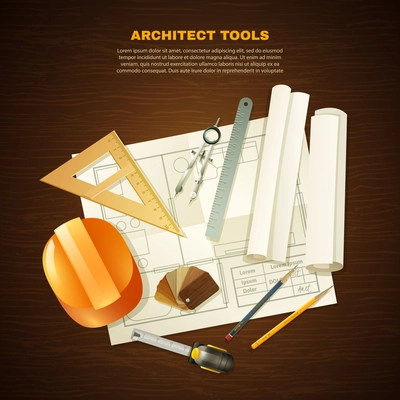 Construction background with architect tools for drawing projects on wooden table flat vector illustration