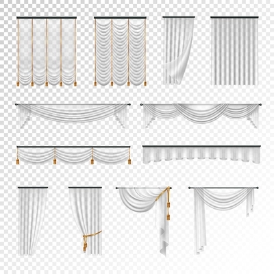 Transparent luxury curtains and draperies interior decoration design ideas realistic images collection checkered background vector illustration