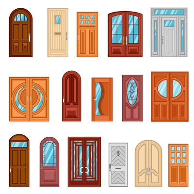 Design collection of detailed colorful front and interior doors to private houses and public buildings flat vector illustration